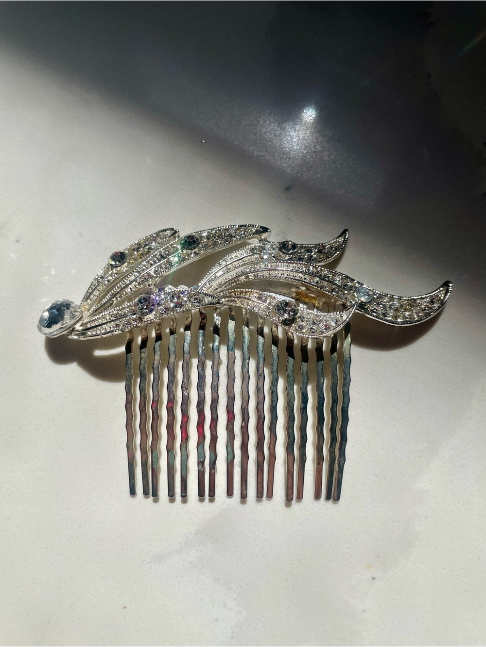 Art Deco Rhinestone Silver Wave Hair Comb